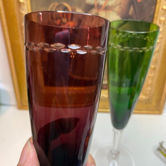 NACHTMANN Purple, GREEN CUT-TO-CLEAR CRYSTAL CHAMPAGNE FLUTES GLASSES Set Of 2 - Picture 2 of 14